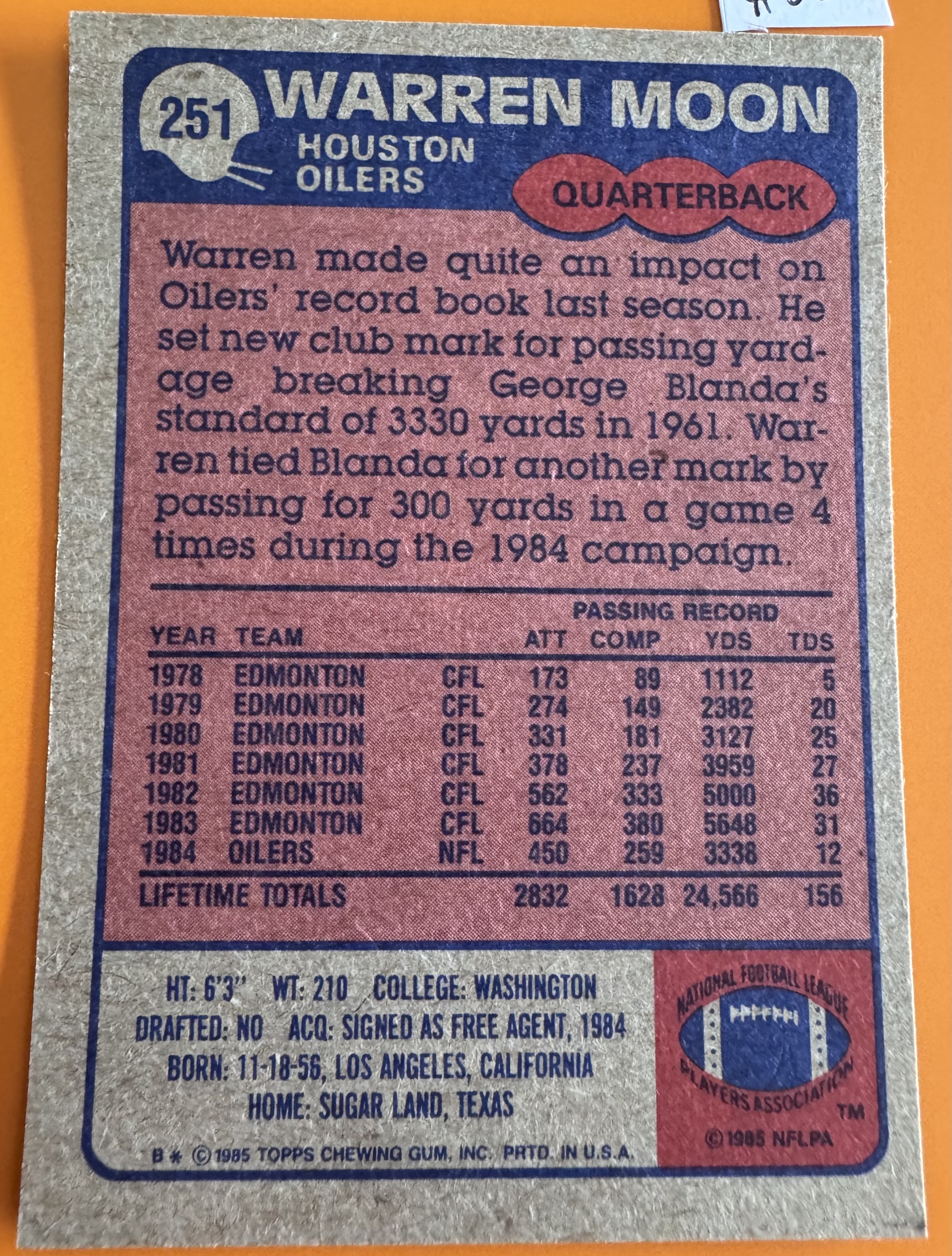 1985 Topps Warren Moon RC back