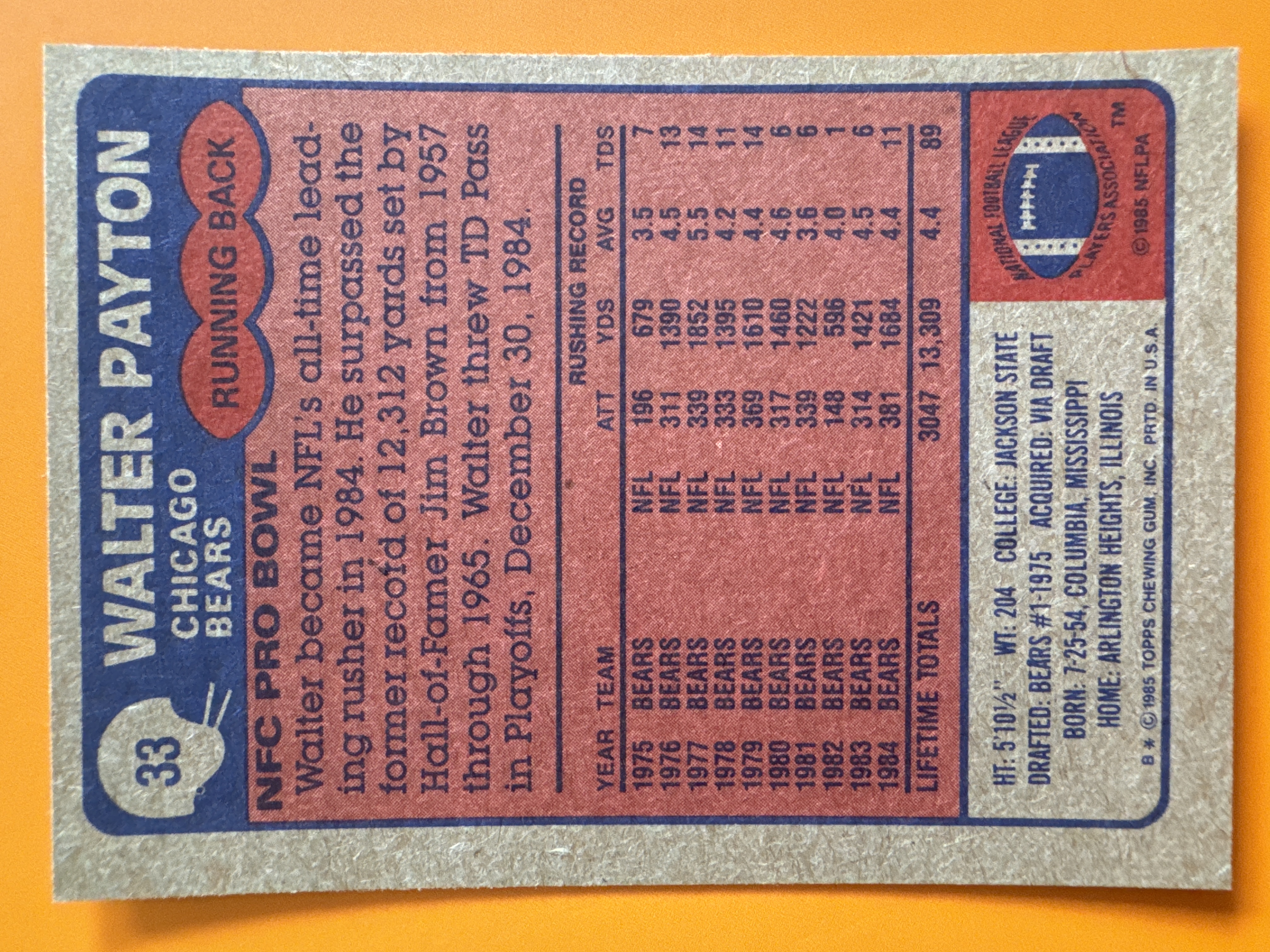1985 Topps Walter Payton back