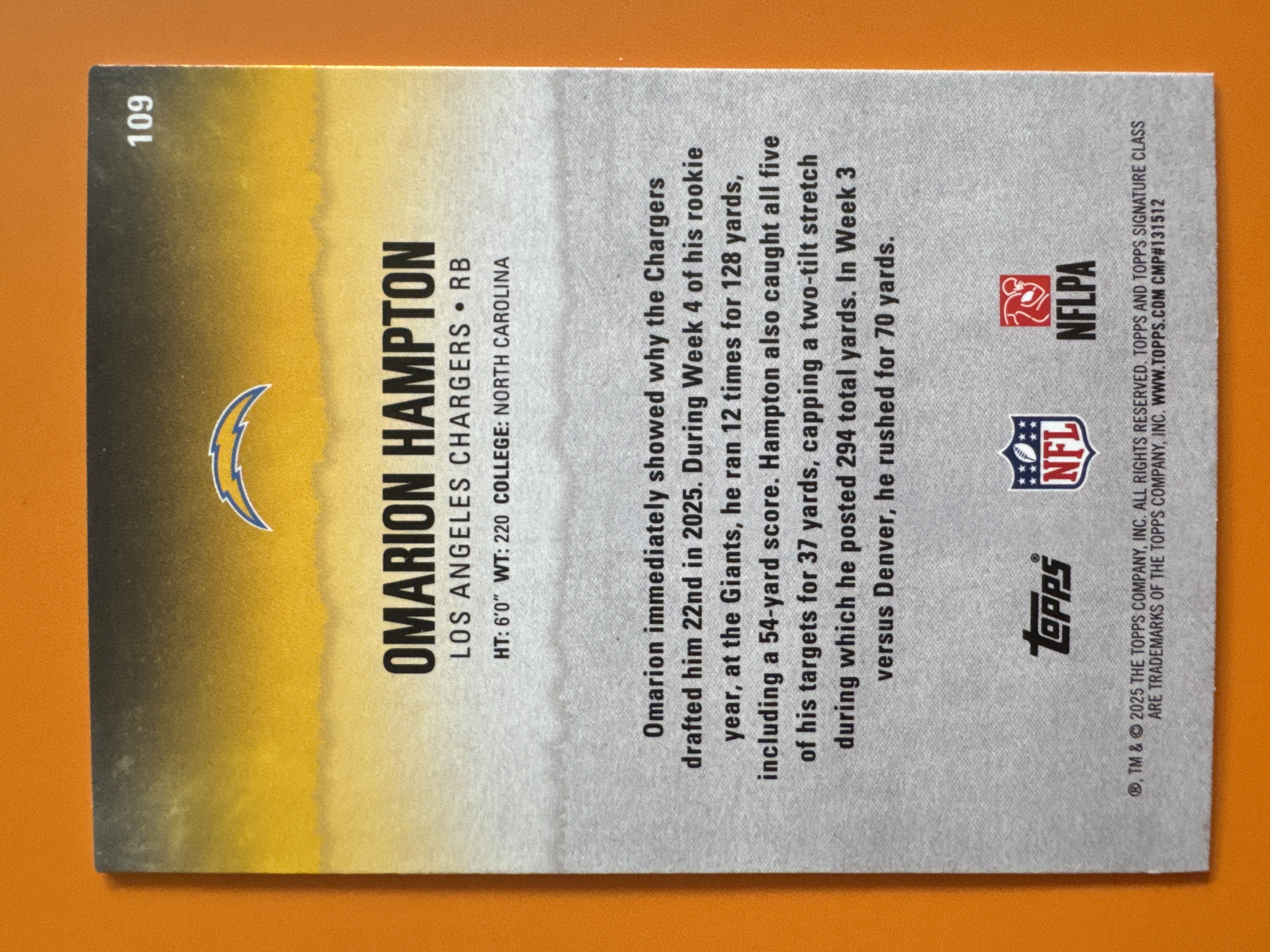 2025 Topps Omarion Hampton Purple /100 Rookie Chargers back