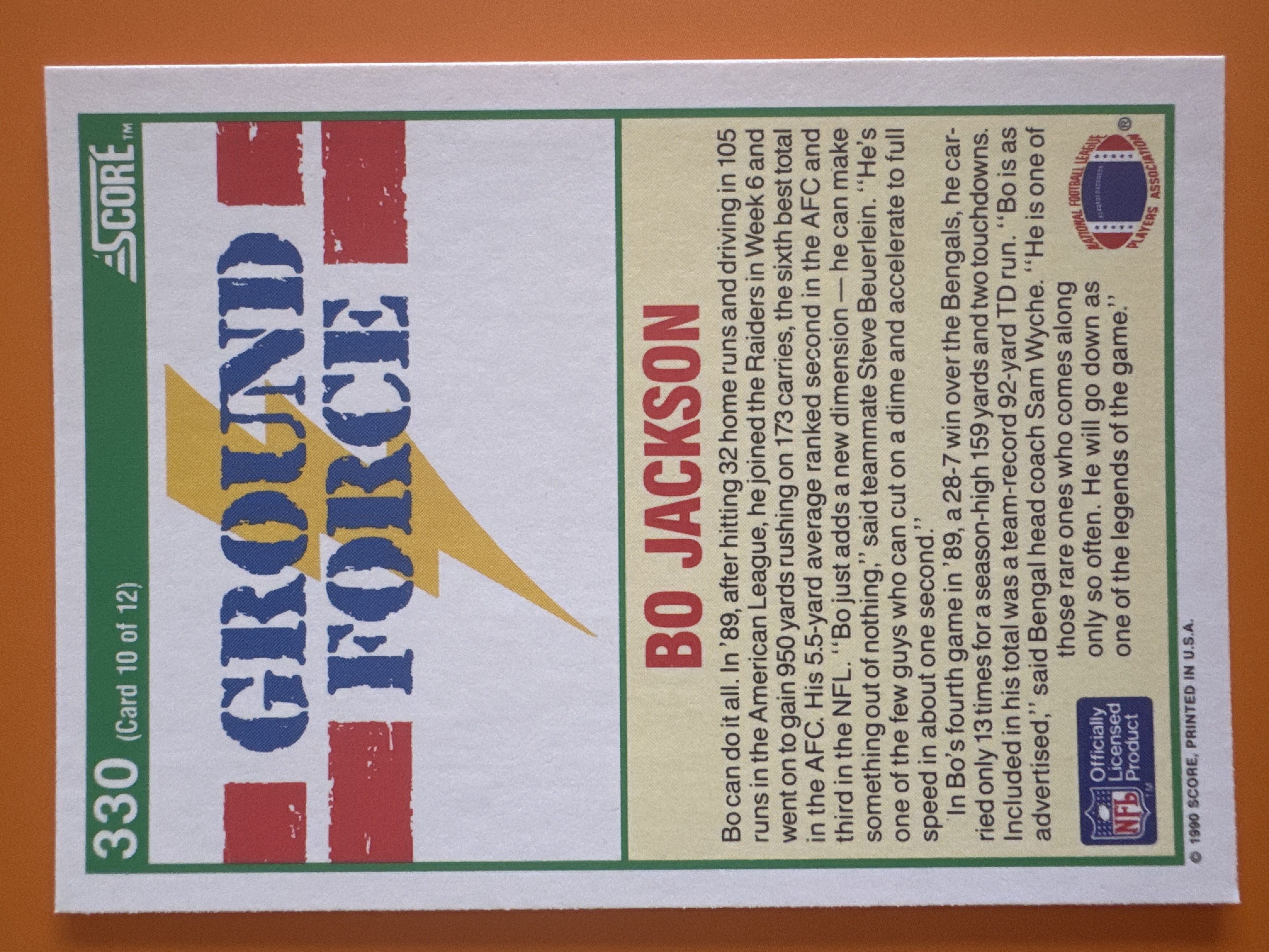 1990 Score Bo Jackson Ground Force back