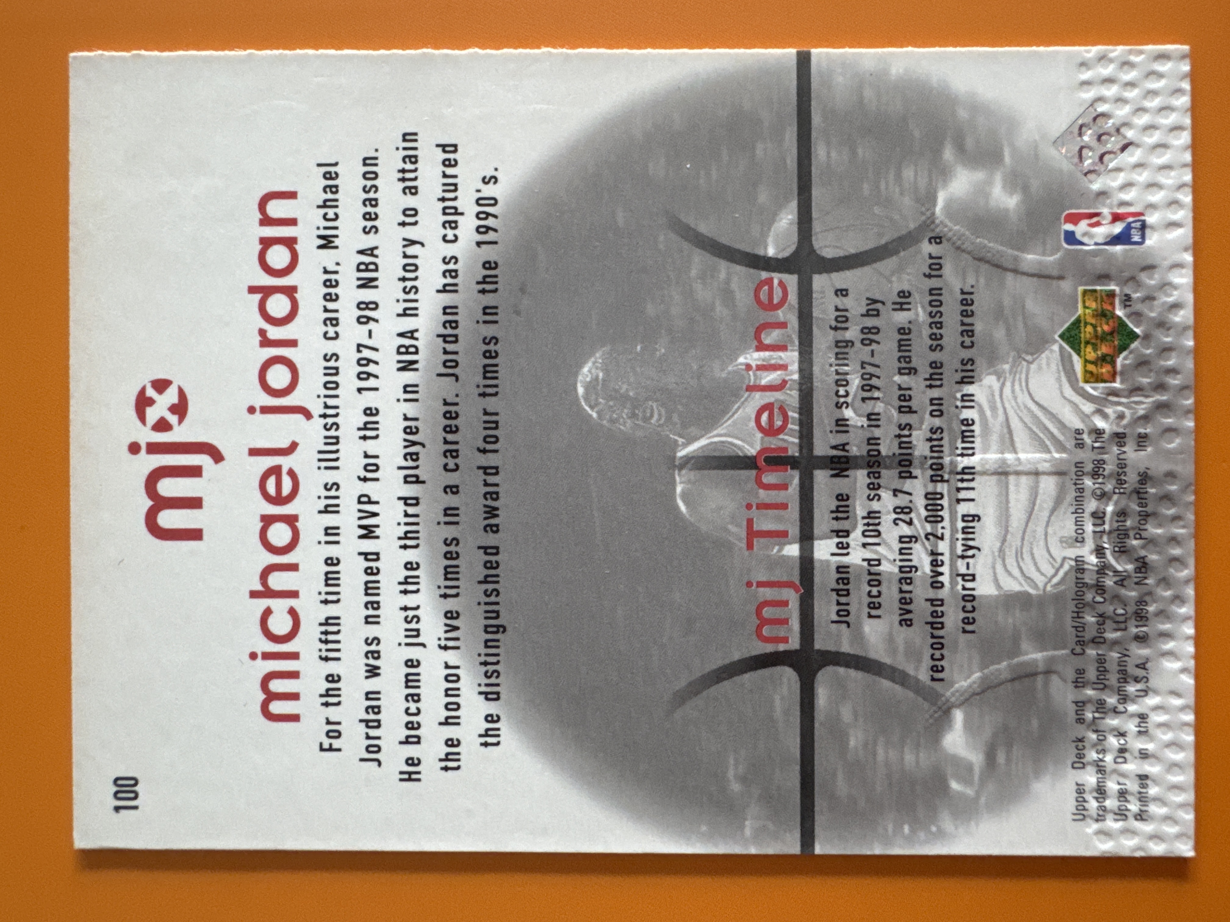 1998 Upper Deck Michael Jordan back
