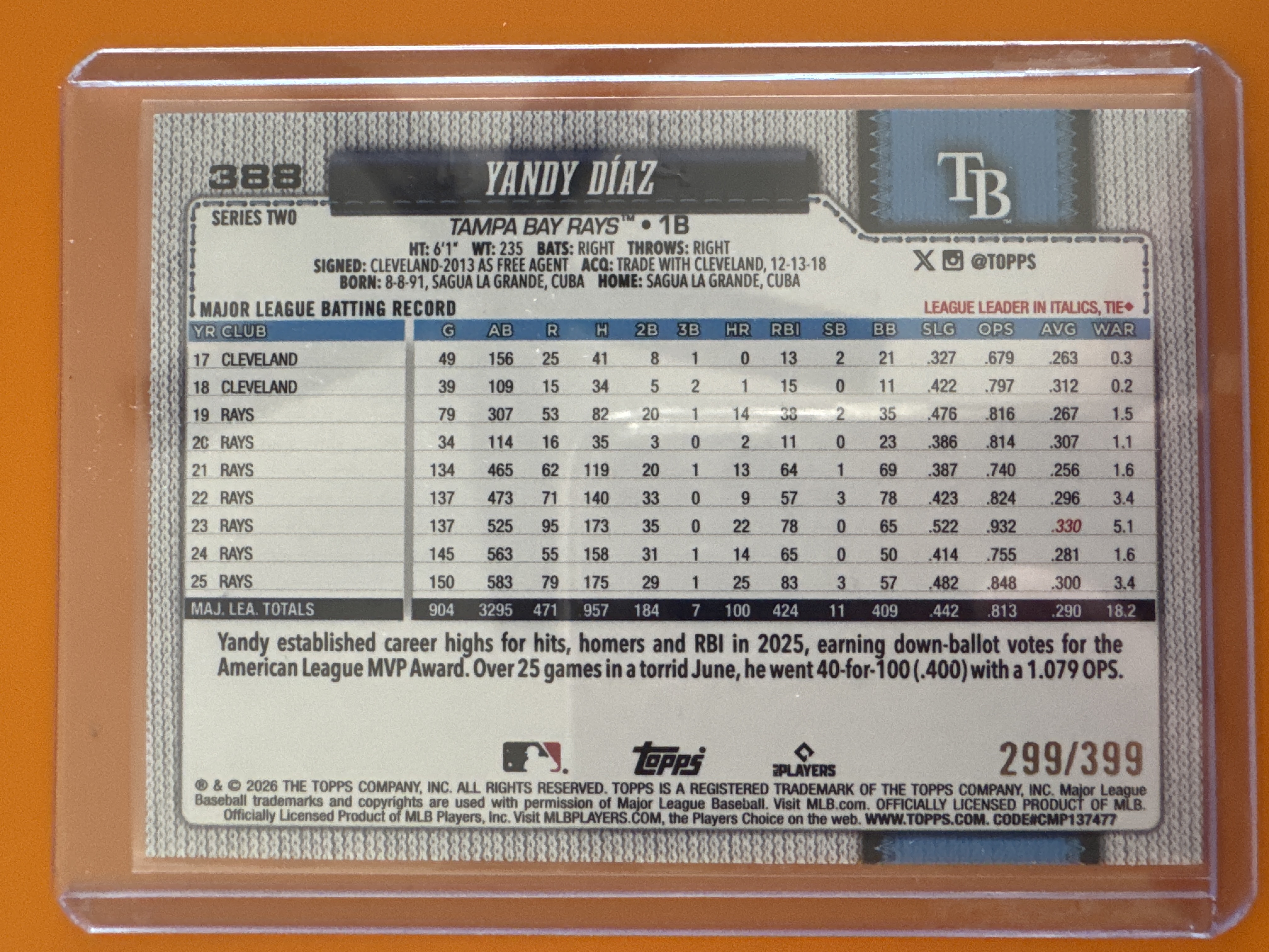 2026 Topps Yandy Diaz /399 back