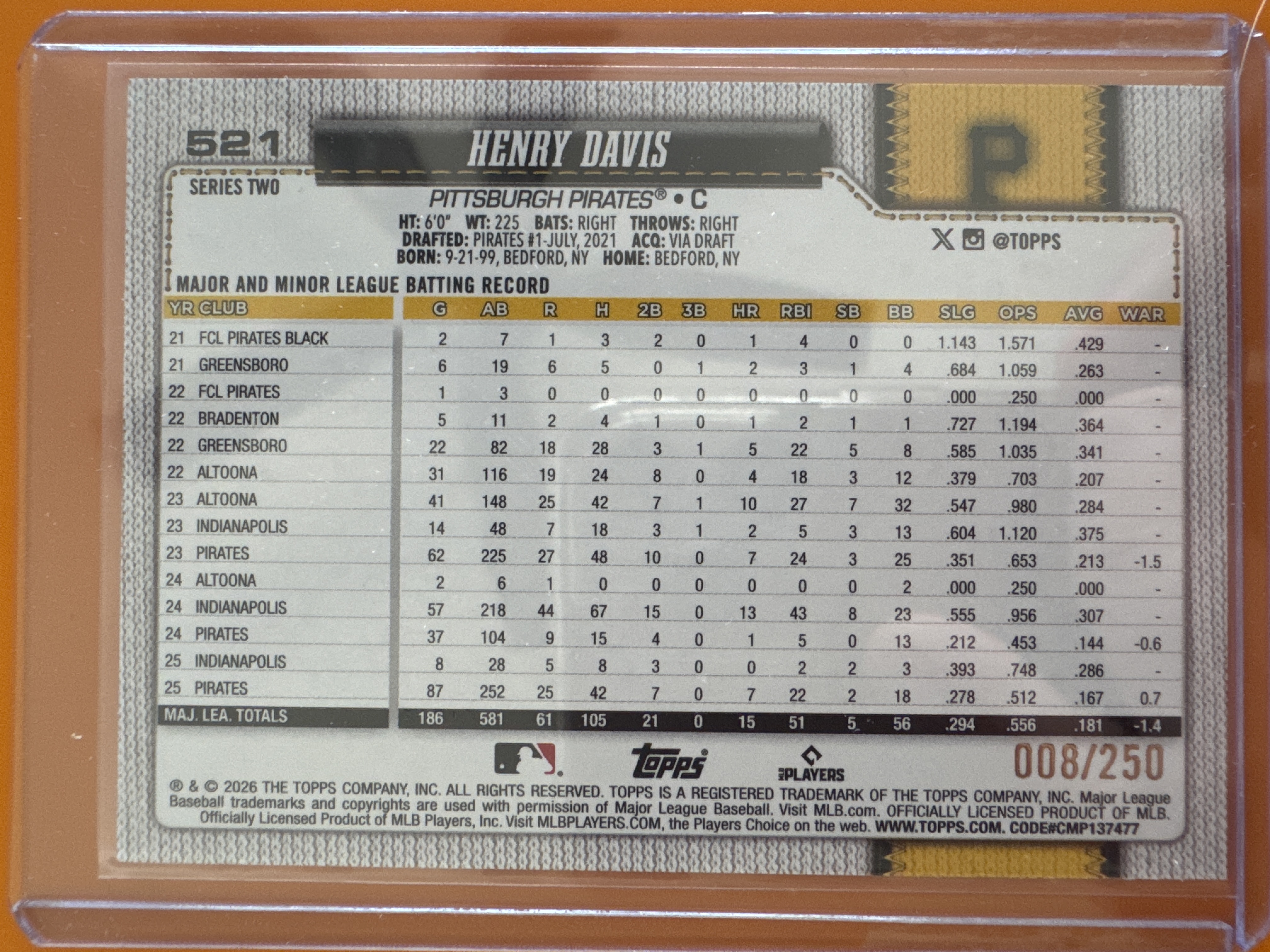 2026 Topps Henry Davis Purple Foil /250 back
