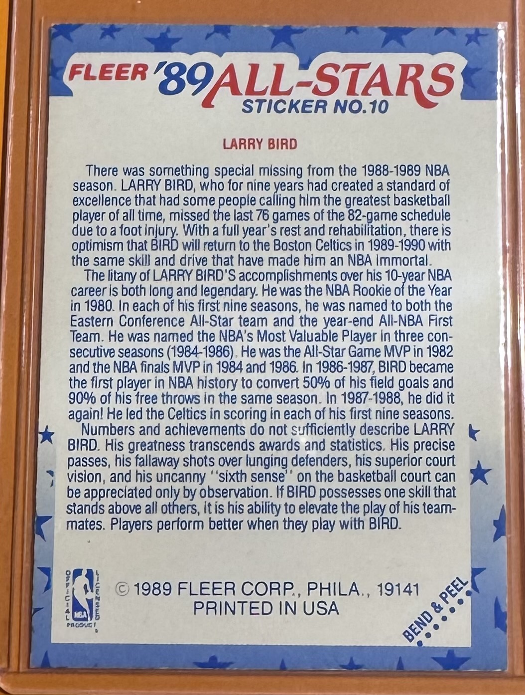 1989 Fleer Larry Bird back