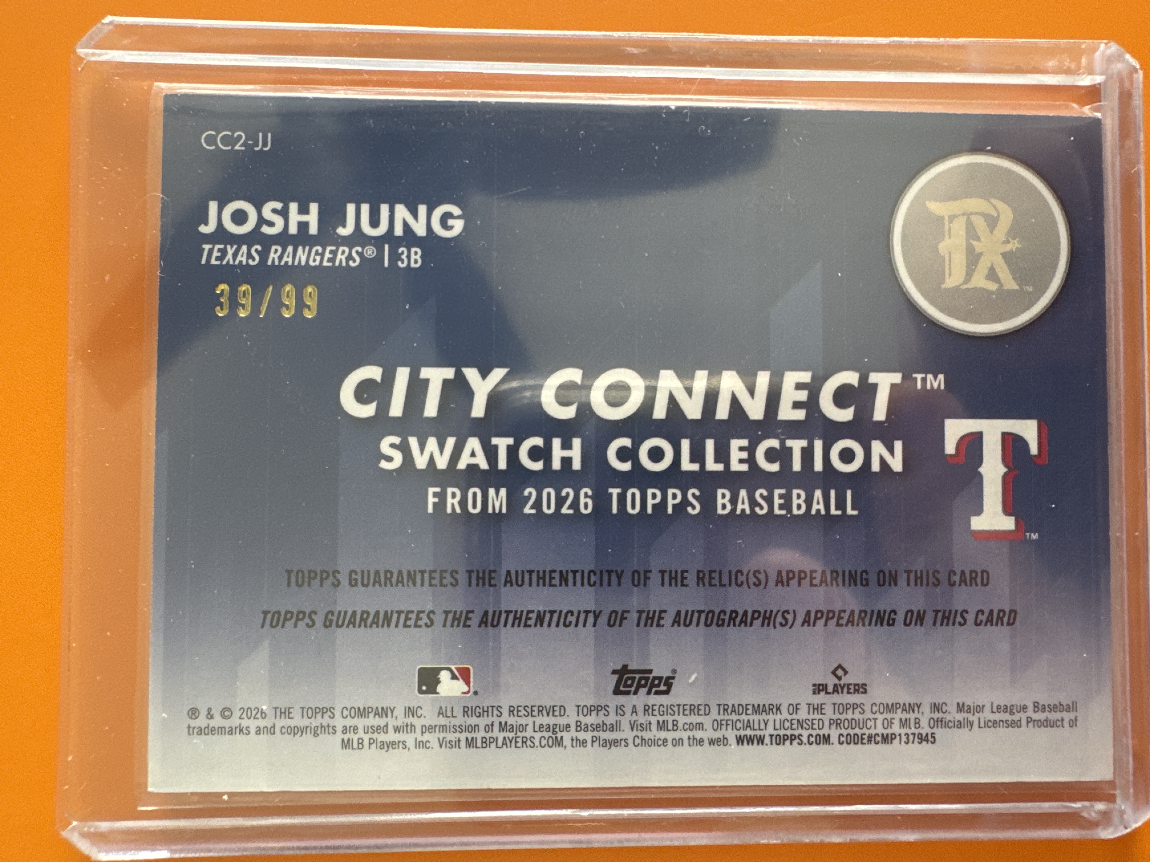 2026 Topps Josh Jung City Connect Auto /99 back