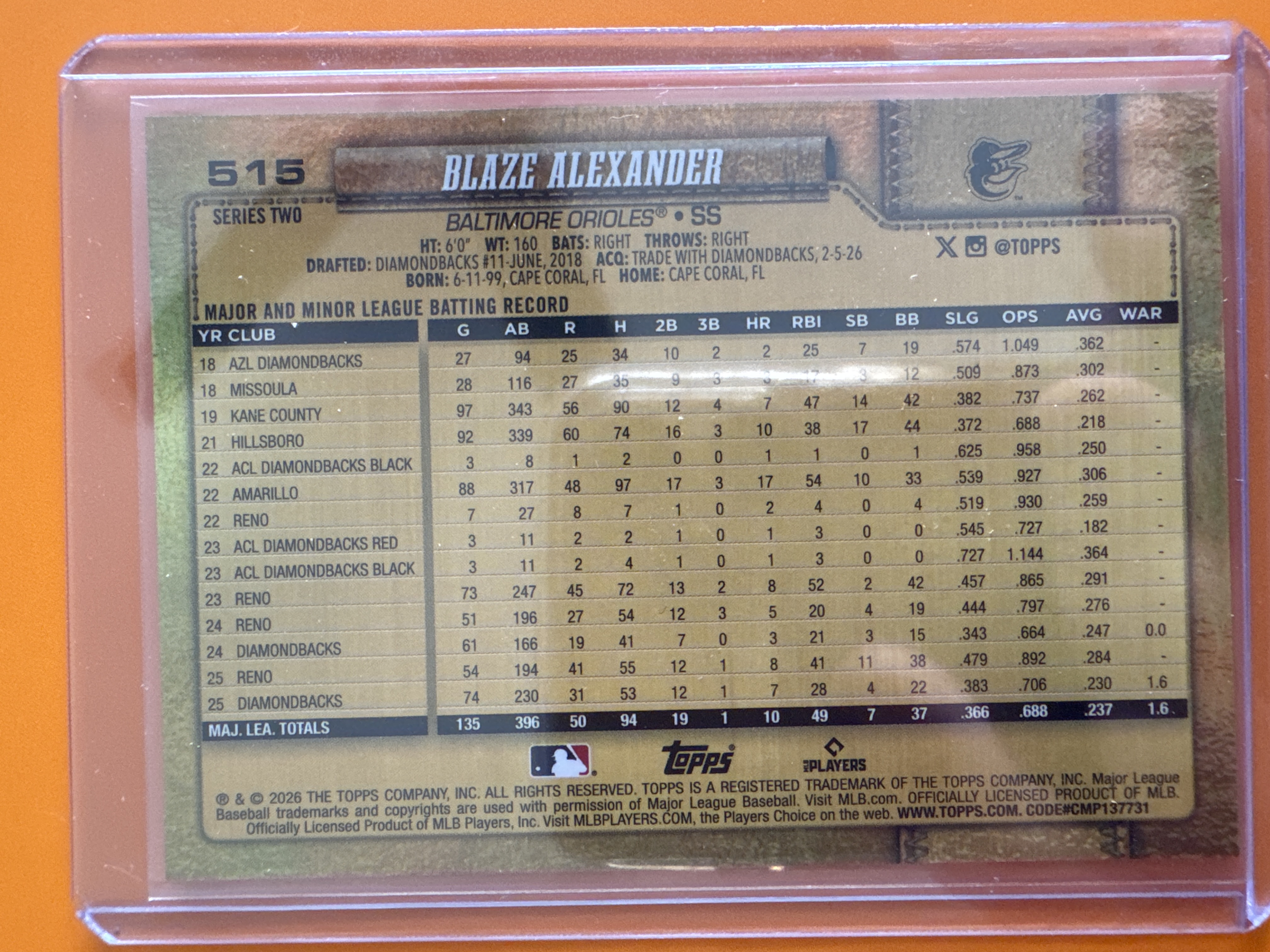 2026 Topps Blaze Alexander SSP Golden Mirror back