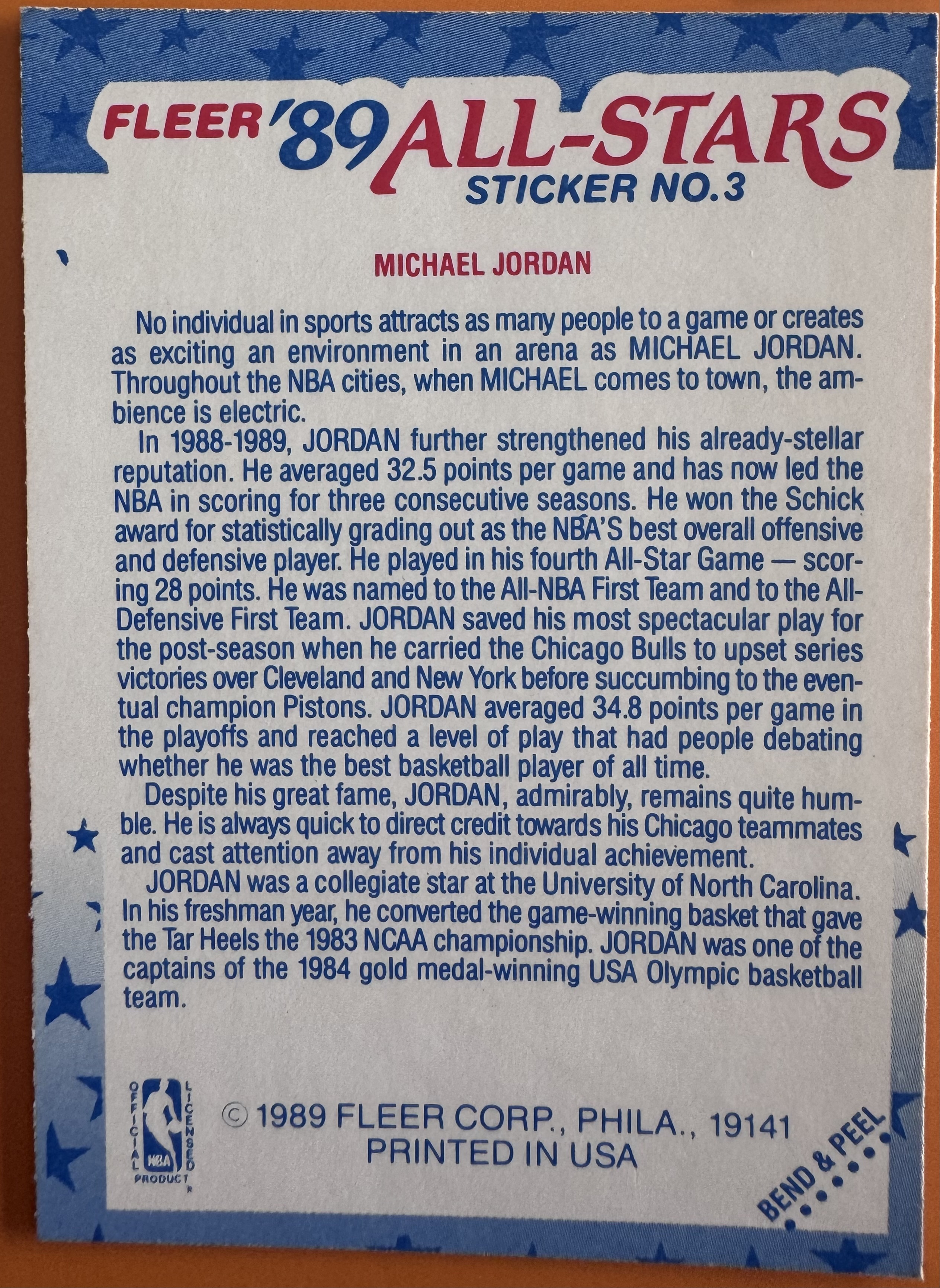 1989 Fleer Michael Jordan back